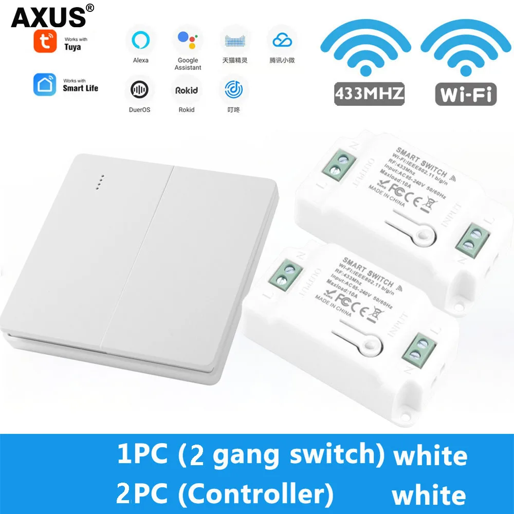 AXUS Tuya Wall Smart WiFi Push Button Switch RF 433Mhz Light Switch Wireless Remote Controller Relay Module Google Home Alexa remote light switch control Wall Switches