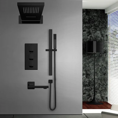 Senlesen Black Thermostatic Shower Faucets Set Rain Waterfall Head Wall Holder Mixer Tap Bath 4-way Thermostatic Shower Faucet - Цвет: black