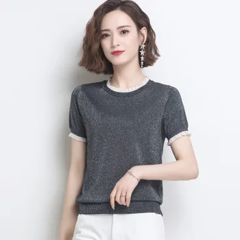 

Fashion New ladies loose casual short sleeve fungus round neck knitted T-shirt