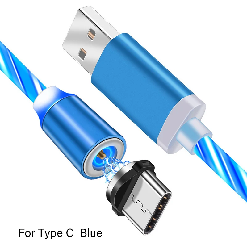 Магнитный usb type-C USB кабель, течёт светодиодный кабель для быстрой зарядки, автомобильное зарядное устройство для Xiaomi 8 9 SE 9T Pro samsung S10 Plus S10E кабель - Тип штекера: Blue