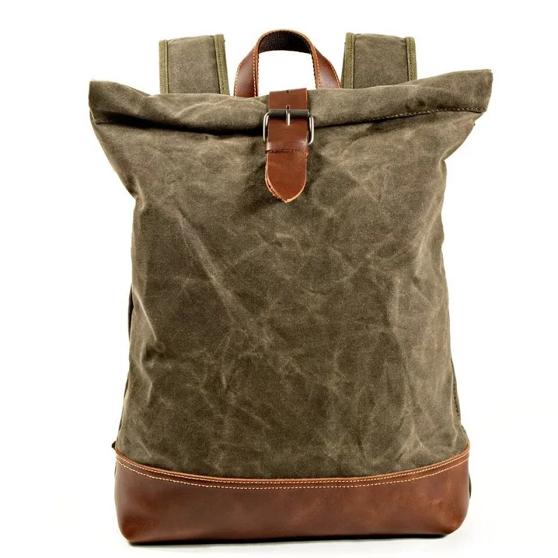 Men's Backpacks Waxed Canvas School Daypacks Waterproof Travel Bag Vintage Crimping Anti-theft Design Laptop Backpack Rucksacks - Цвет: Армейский зеленый