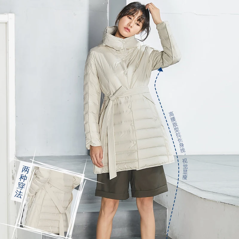 Fashion Thin Down Coat Women Long Jacket New Winter Slim Warm Coat Female Overcoat Solid color Lace-up Parkas Women WM120 - Цвет: beige