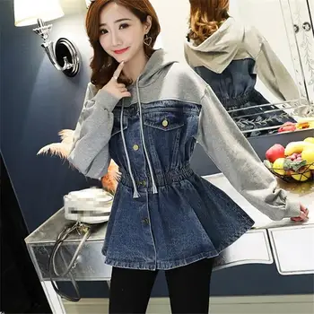 

Women Spring Casual Elastic Waist Plus Size Hoodies Patchwork Hoody Pocket Sweatshirts O-Neck Dress Denim Pullover