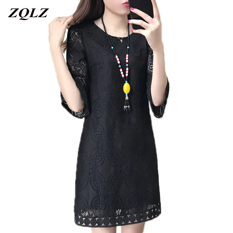 

ZQLZ Plus Size S-4XL Summer Lace Dress 2020 Casual Three Quarter O-neck Hollowing Out Mini Black Dresses