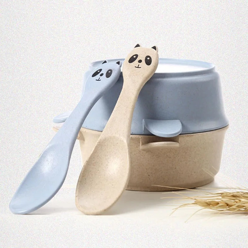 2 Pcs/Set Baby Feeding Tableware Wheat Kid Dishes Eco-Friendly Children Learning Training Dinnerware Plate Bowl Spoon Set