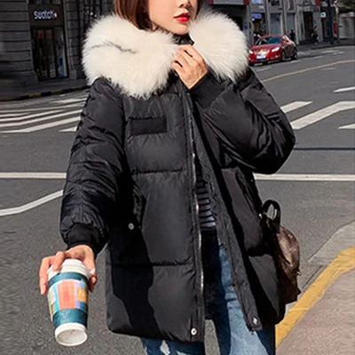 Мех с капюшоном размера плюс зимние хлопковые пуховые пальто женские корейские однотонные парки на молнии уличная Женская утолщенная теплая куртка пальто Новинка - Цвет: Черный