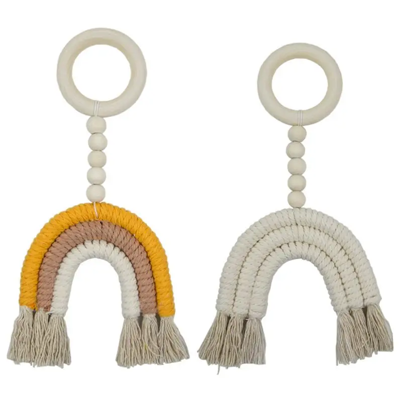 

Baby Teether Crochet Wood Rring Rattle Baby Teething Ring Rainbow Wooden Boho Baby Teether Stroller Toys Shower Gift