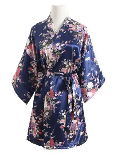 Женское летнее платье с цветочным принтом длинный халат атласный Шелковый ночной домашний халат банный халат кимоно мини платье для вечеринки vestidos - Цвет: Navy Blue