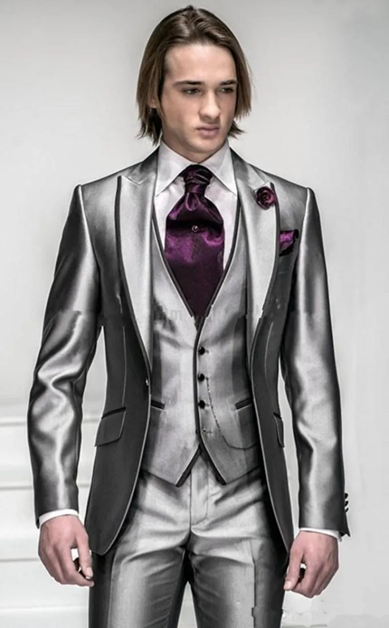 

New Style One Button Shiny Silver Grey Groom Tuxedos Groomsmen Men's Wedding Suits Best man Suits (Jacket+Pants+Vest+Tie)