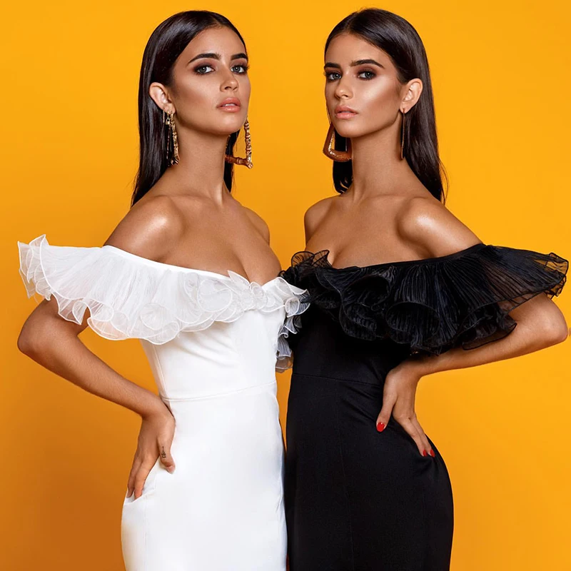 INDRESSME осеннее Новое модное белое платье-футляр Vestidos женское сексуальное кружевное платье миди с оборками и открытыми плечами