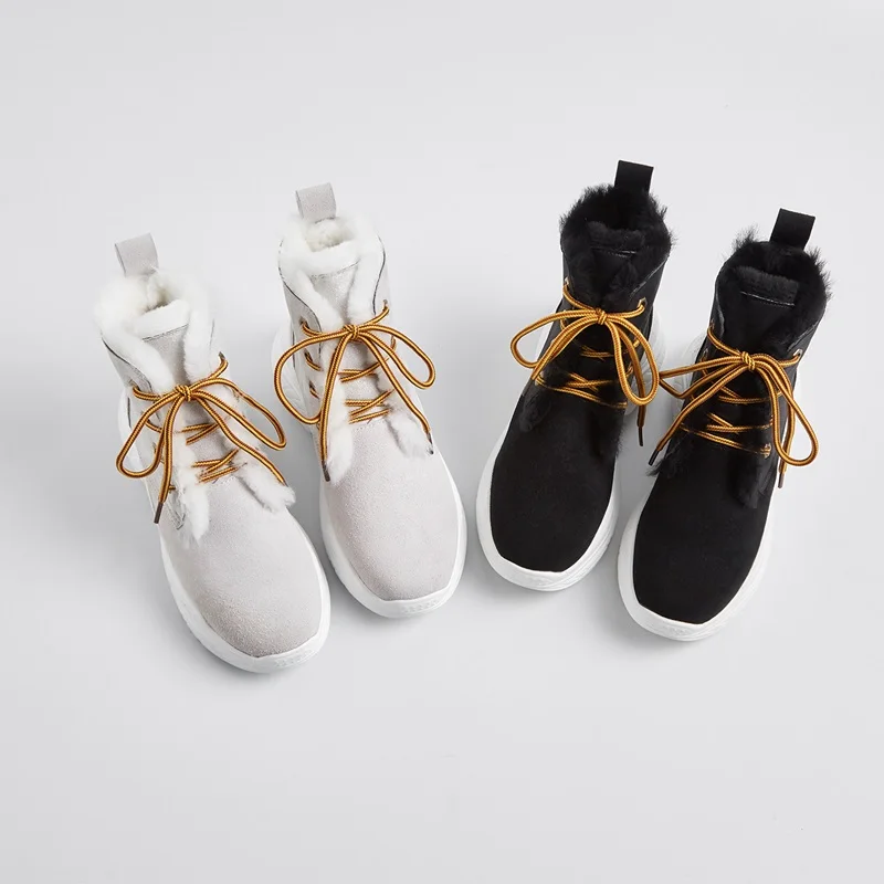 

women snow boots new genuine leather casual shoes plush warm fur inside platform cross-tied round toe ankle boots