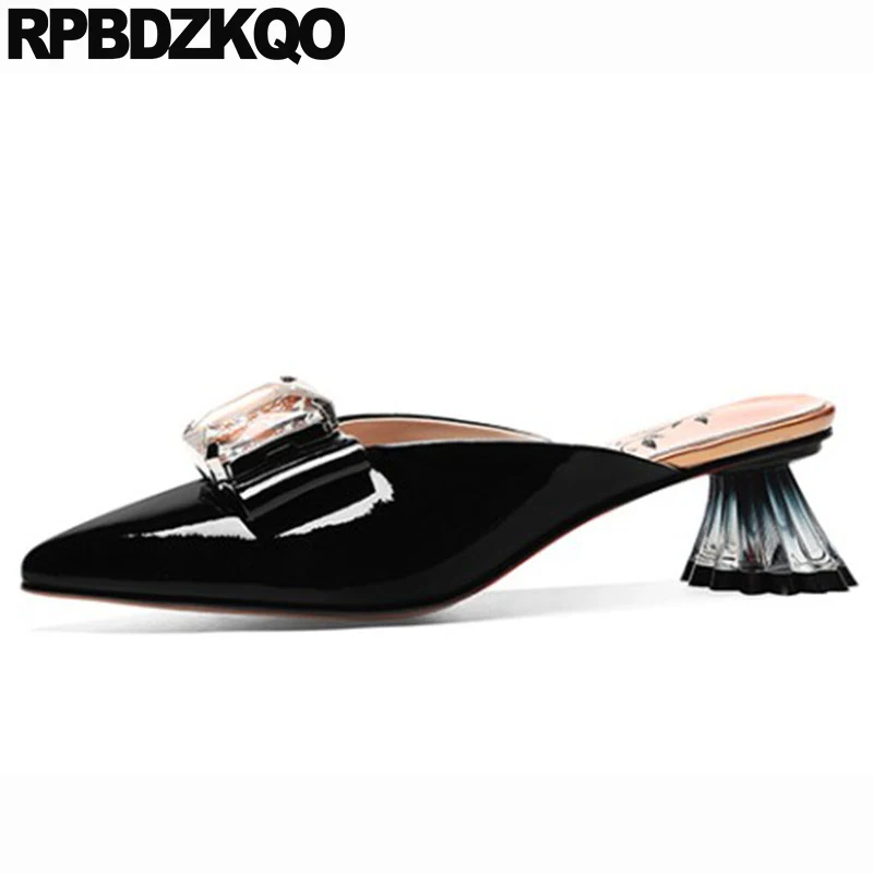 

black rhinestone block genuine leather high heels pumps ladies pointed toe 10 42 diamond crystal plus size 11 43 patent shoes