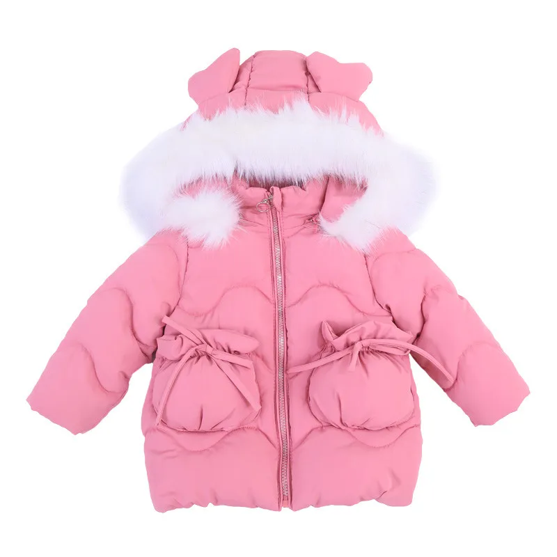 Children Girls Winter Fashion Warm Thick Cotton Down Jackets With Fur Hat Kids Wadded Parkas Baby Girls Clothes Outwear V25