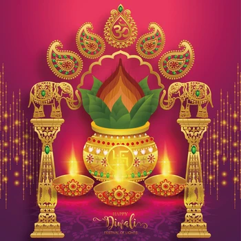 

Laeacoo Diwali Festival Wall Hanging Gold Sparkly Red Backdrop Candle Elephant Fireworks Photography Backdrop Photo Background