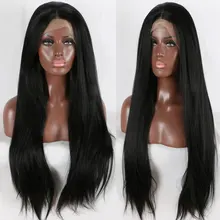 Натуральный черный яки ручная вязка прямой 26 ''синтетический парик фронта шнурка Glueless термостойкие волокна волос средний пробор для женщин