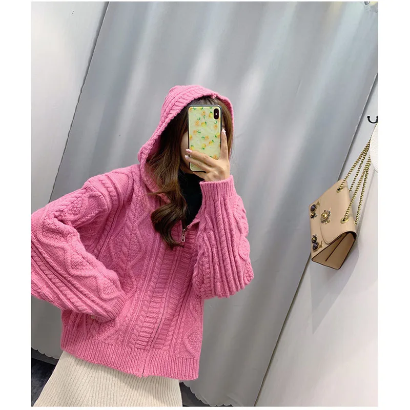 Women Sweater With A Hood New Arrival Autumn And Winter Loose Zipper Female Knitted Cardigan Korean Style Hot Sale A11