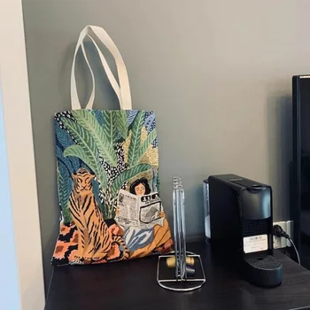 

Embroidery Tote Bags Shopping Bag Jacquard Canvas Shopping Bag Large Folding Tote Unisex Jacquard Canvas Tote Bag