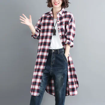 

#2961 Casual Long Shirt For Women Loose Women Tunic Plaid Shirt Long Sleeve Side Split Long Blouse Cardigan Shirt Spring Autumn