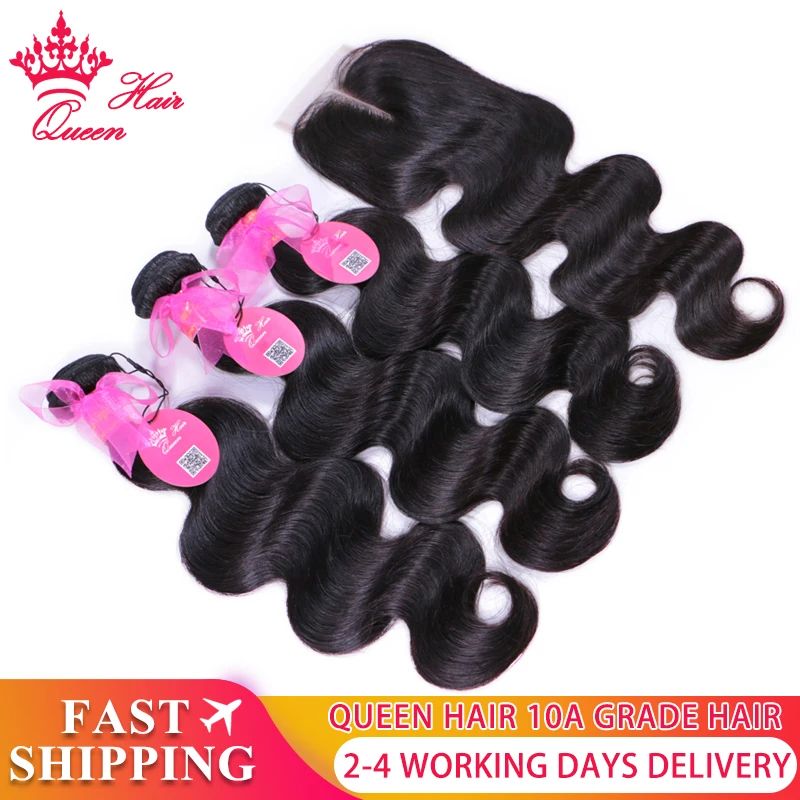 Queen Hair Products Brazilian Hair Weave Bundles with closure Human Hair Bundle with closure Middle Part Body Wave Free Shipping