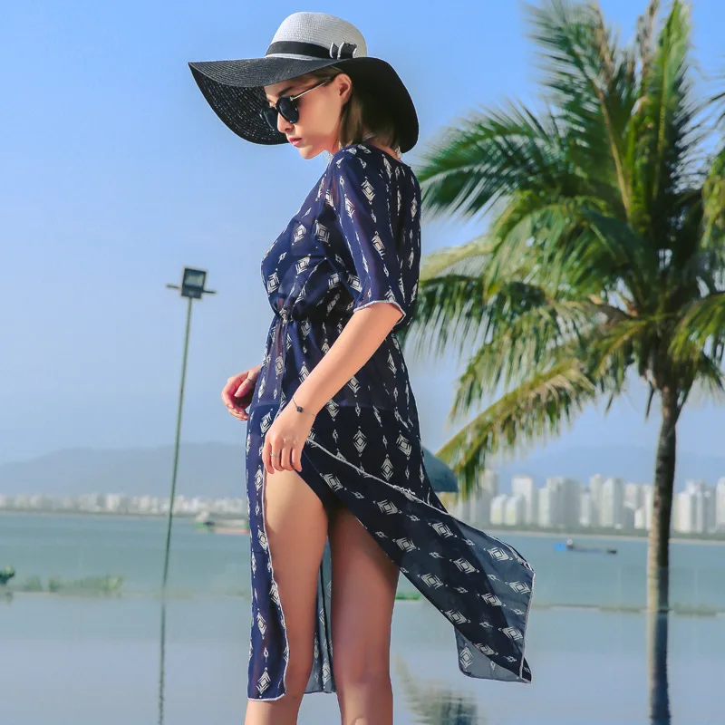 

Blue Chiffon Cover-up Dress Slit Two-piece Swimsuits Women's Three-piece Set Bikini Small Bust Gathering Underwire