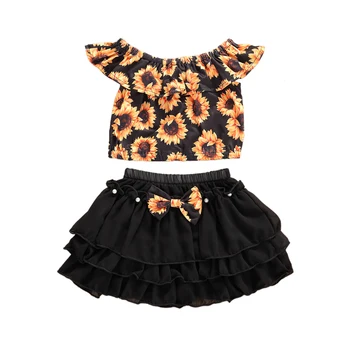 

0-24M Summer Infant Baby Girls Clothes Sets Sunflowers Print Ruffles T Shirts Tops+Lace Tutu Skirts Trousers Outfits