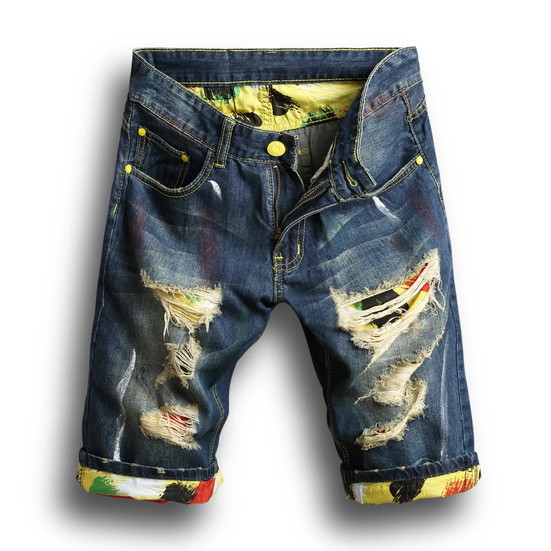 

Male Summer Clothing Broken Hole Breathable Stright Denim Shorts Mens Casual Ripped Crimping Fashion Short Homme Jeans Blue 2019