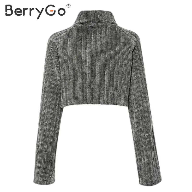 BerryGo, водолазка, укороченная толстовка, толстовки, женская мода, женские пуловеры с длинным рукавом, Осень-зима, женские вязаные топы, рубашка