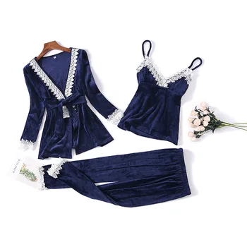 

Lounge Softy Home Wear Velour Female Sleepwear Warm 3PCS Strap Top&pants Sleepwear Sexy Casual Pijamas Suit Nightwear Negligee