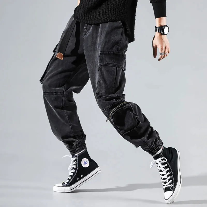 Promotion Japanese Fashion Men Jeans Black Loose Fit Multi Pockets Cargo Pants Harem Trousers High Quality Streetwear Hip Hop Jeans Men
