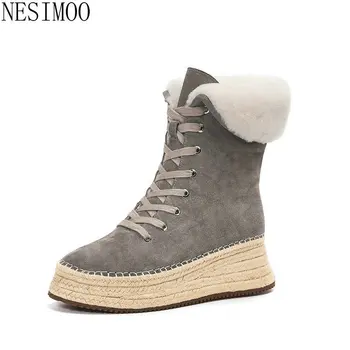 

NESIMOO 2021 Ankle Boots Wedge Heel Lace Up Winter Women Shoes Casual Round Toe Platform Cow Leather Plush Snow Boots Size 34-39