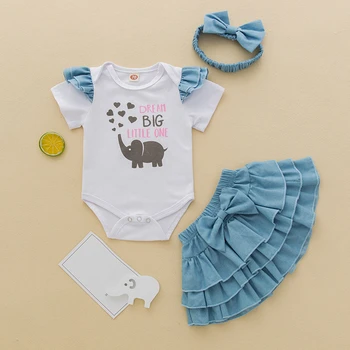 

Summer Girls Romper Suits Short Sleeve Cartoon Elephant English Printed Top Blue Shorts Lace Skirt Hairband Three-piece Set