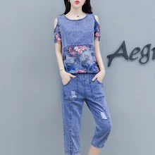 Blue Denim Two 2 Piece Set for Women Outfits Plus Size Top Pant Suits 2020 Summer Print Embroidery Matching Sets Jeans Clothing Blue Denim Two 2 Piece Set for Women Outfits Plus Size Top Pant Suits 2020 Summer Print Embroidery Matching Sets Jeans Clothing