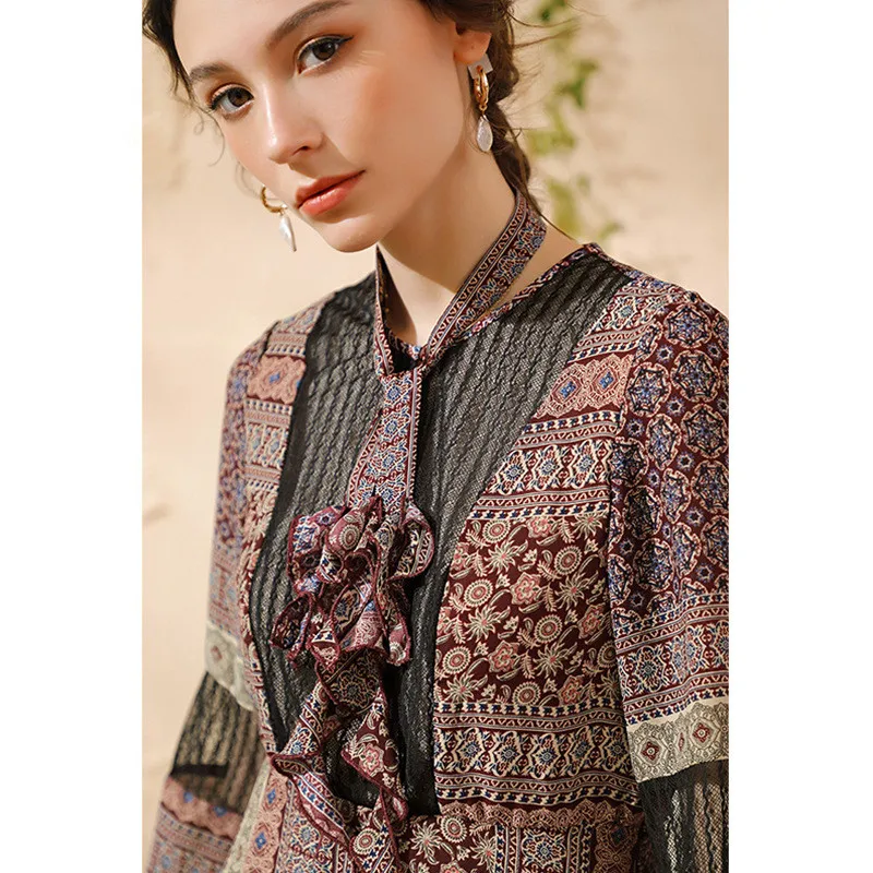 Фуксия AOFULI L- 5XL Plus size Dress Women Autumn Long sleeve Floral Ruffles Vintage Dresses Knee Length - Цвет: Фуксия