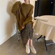 Корейский модный Женский вязаный свитер с длинным рукавом, однотонный пуловер с круглым вырезом и джемпер, свободный свитер, горячая Распродажа