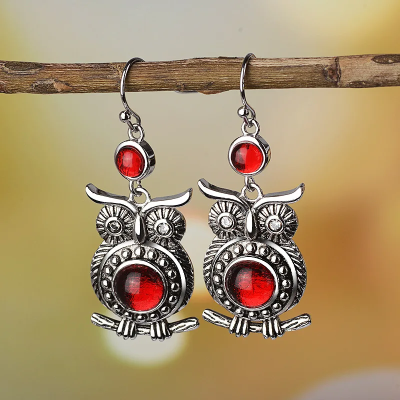 

Women's 925 Vintage Thai Silver Owl Earrings with Ruby Earrings Engagement Wedding Birthday Gift Jewelry