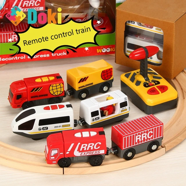Doki Toy Remote Control RC Electric Train Toys Set Kid Slot Car Connected with Wooden Railway Track Present for Children 2022 2