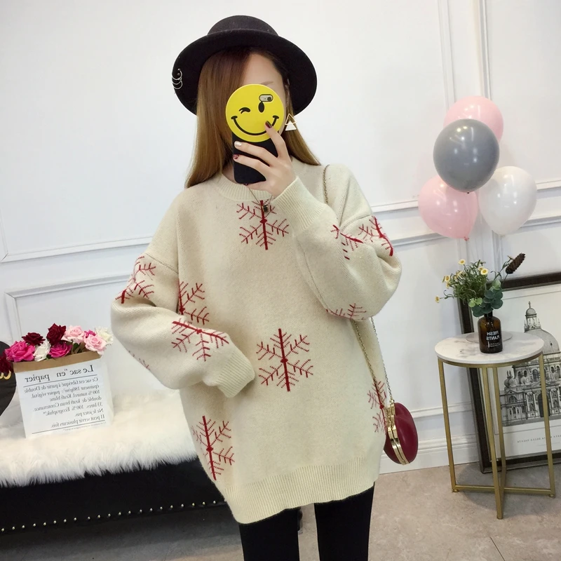 White snowflake Плюс удобрение XL Женский 200 кг жира мм осень и зима Свободный теплый свитер с оленем для женщин размера плюс - Цвет: White snowflake