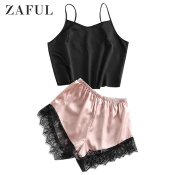 

ZAFUL Lace Insert Silky Pajama Shorts Set Spaghetti Strap Colorblock Pajamas Casual PajamaSets Summer Women Sexy Pajamas 2020