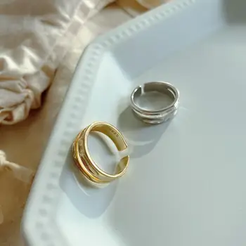 

INS 100% Authentic 925 sterling silver Golden /WHITE DOUBLE LINES Rows Irregular Rings Band Adjust TLJ973