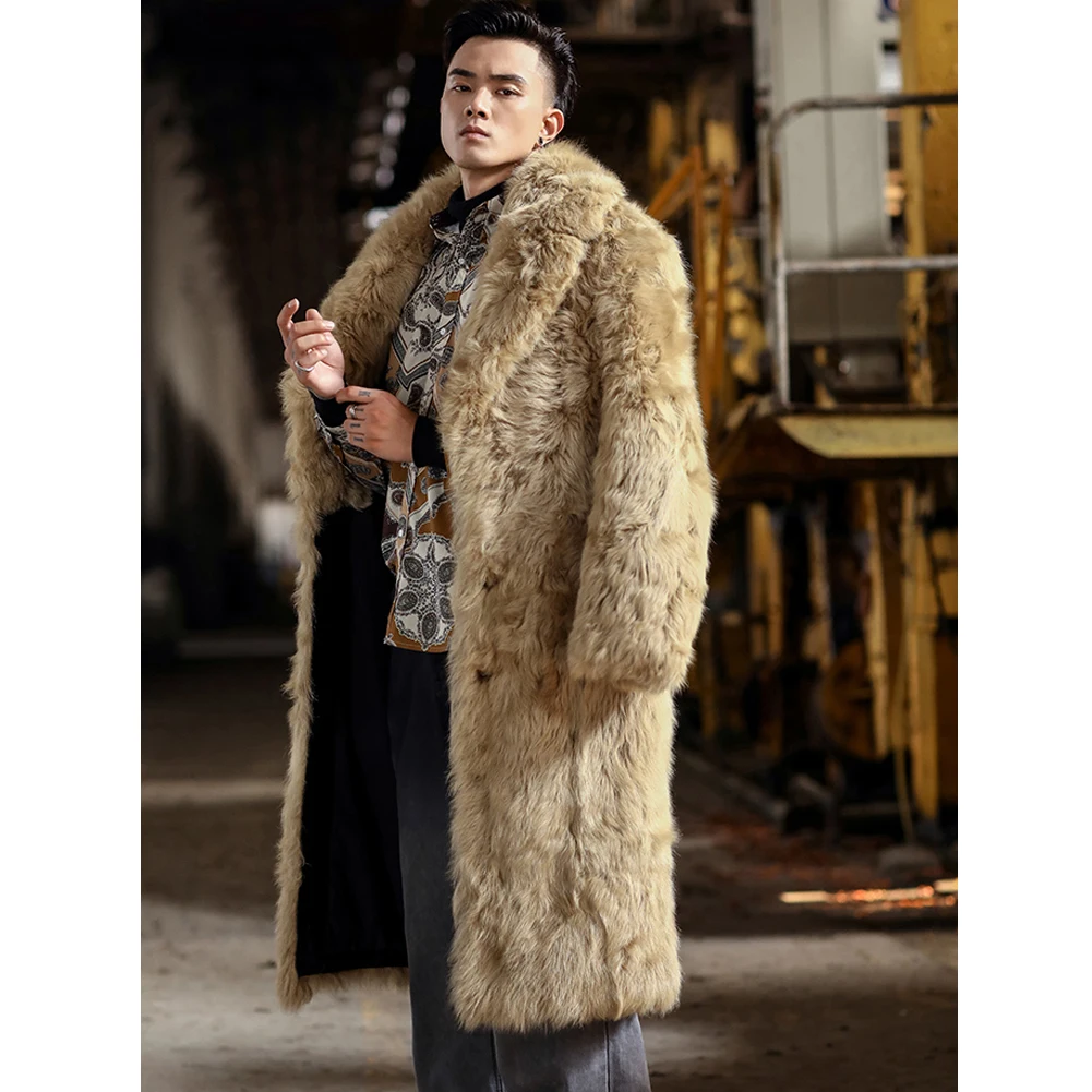 Новые мужские из овчины желтого цвета куртка модная длинная куртка C мехом мужское шерстяное пальто костюм с воротником из искусственного меха пальто мужские зимние пальто