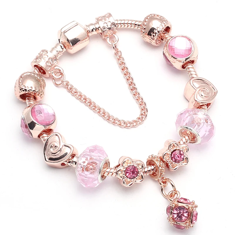 

Rose Gold DIY Charm Bracelet With Love Heart Pendant Beads Brand Bracelets As Women Lover Fashion Jewelry Gifts