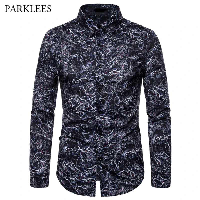 

Spring and Autumn Printing Nightclub Party Long Sleeve Shirt Men's Fashion Cool Current Pattern Casual Slim Shirts For mens