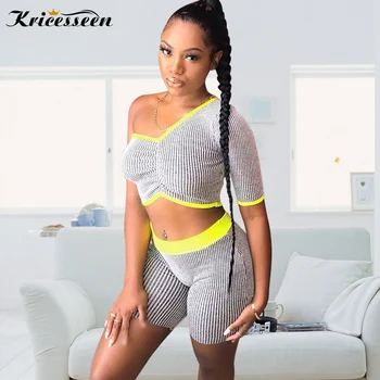 

Kricesseen Sexy Striped Two Pieces Shorts Set Summer One Shoulder Top And High Waist Suits Women Tracksuits Matching Set