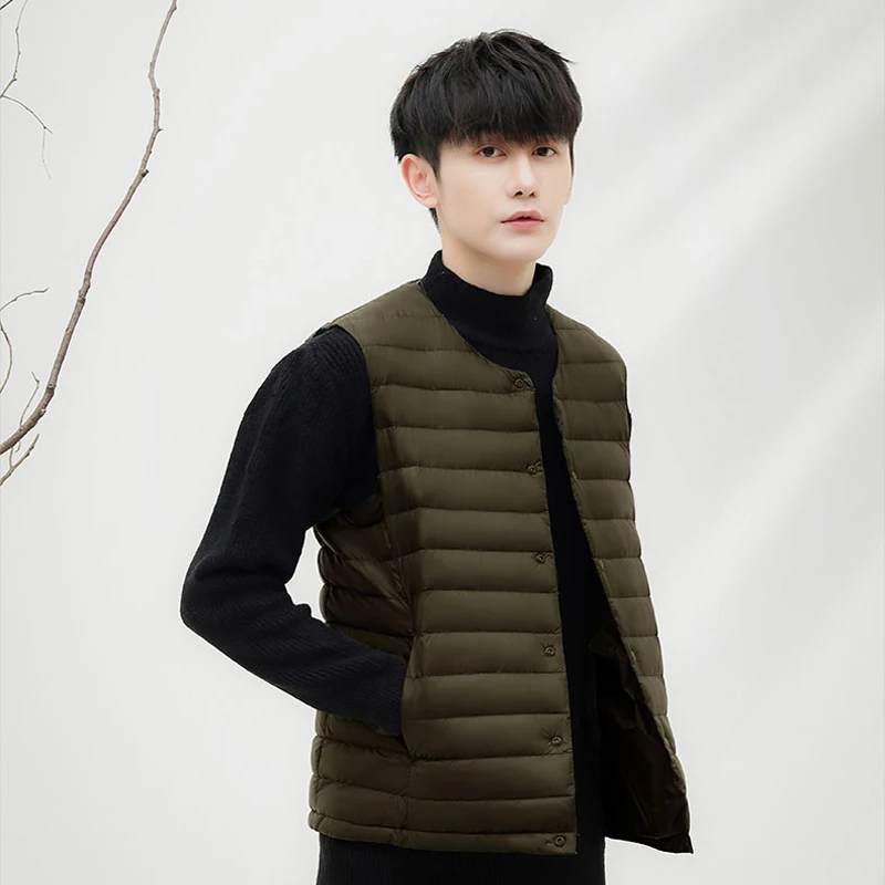 남성용 민소매 V넥 조끼, 따뜻한 90% 덕 다운 패딩 재킷, 남성 조끼, 따뜻한 O넥 라이너