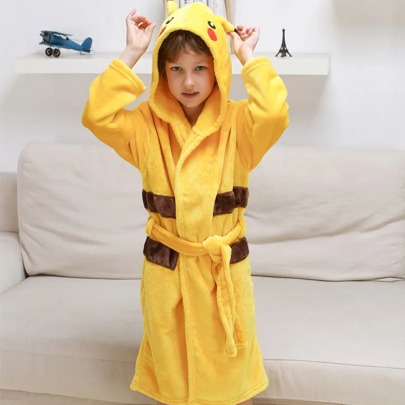 Cartoon Children Bathrobe for Boy Girls Pajamas Flannel Tiger Animal Hooded Bath Robe Baby Kids Home Wear Outfit Roupao Infantil - Color: yellow