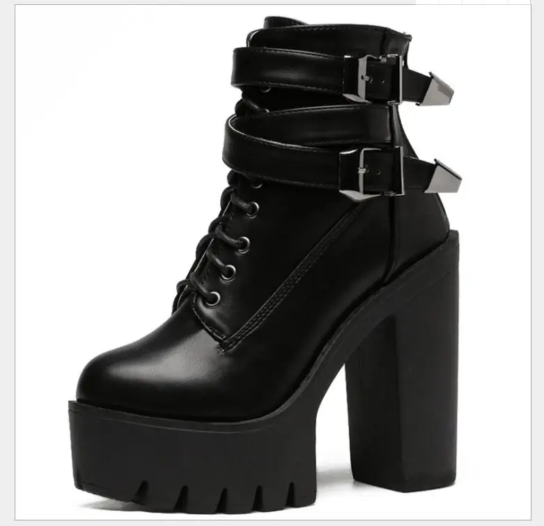 exy Metal sheets Black Ankle Boots Women Platform Soft Leather Autumn Winter Ladies Boots With Zipper Classic High Heels Shoes