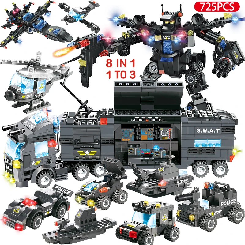 

825pcs 8 IN 1 City SWAT Truck Car Robot Building Blocks Compatible Legoinglys City Police Station Bricks Toys for Boys Children