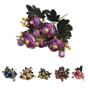 

1 Bouquet 9 head Artificial Silk cloth Fake Flowers Leaf Peony Floral Home Wedding Party Decor red