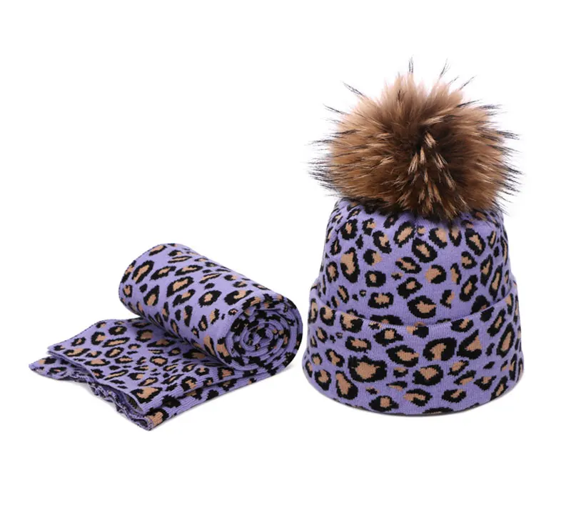 Leopard Printed Beanie Hats Scarf Set With Real Fox Pompon For Women Winter Warm Thick Knitted Caps Fashion Lady Beanies 2 Piece