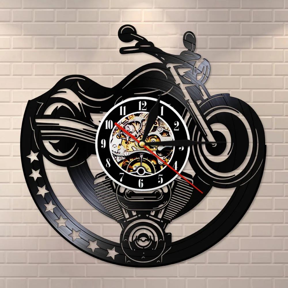 Record Wall Clock Vinyl Wall Clock Garage Motorcycle Vinyl Clock Motorbiker Man Cave Workshop Watch Wandklok with LED Backlight